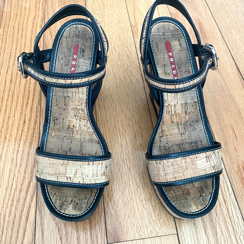 Prada Black and Natural Cork Wedge Sandals - Picture 12 of 16